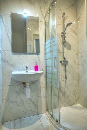 Shower, hair dryer, towels