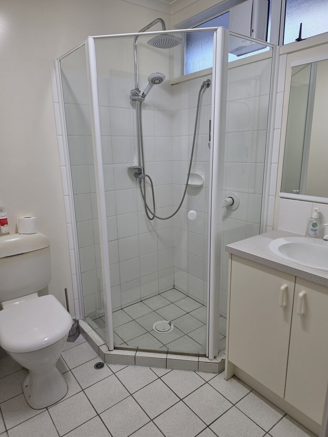 A bathroom with a glass-enclosed shower, a toilet, and a sink with a mirror above.