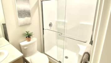 Hair dryer, towels, shampoo, toilet paper