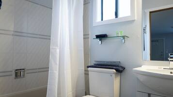 A bathroom with a shower curtain, a toilet, a sink, and a mirror.