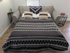 1 bedroom, desk, iron/ironing board, travel cot