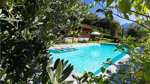 Piscina rodeada por vegetação exuberante e um pequeno edifício com telhado.