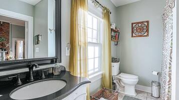 Hair dryer, towels, soap, shampoo