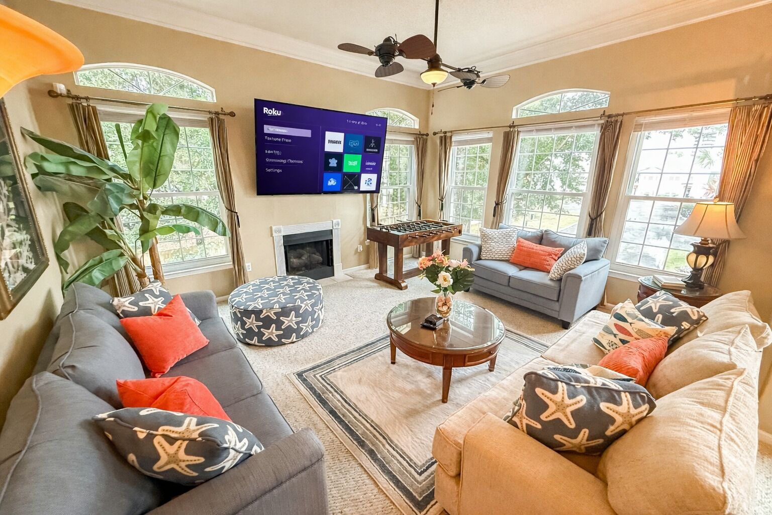 Smart TV, fireplace, table football, books