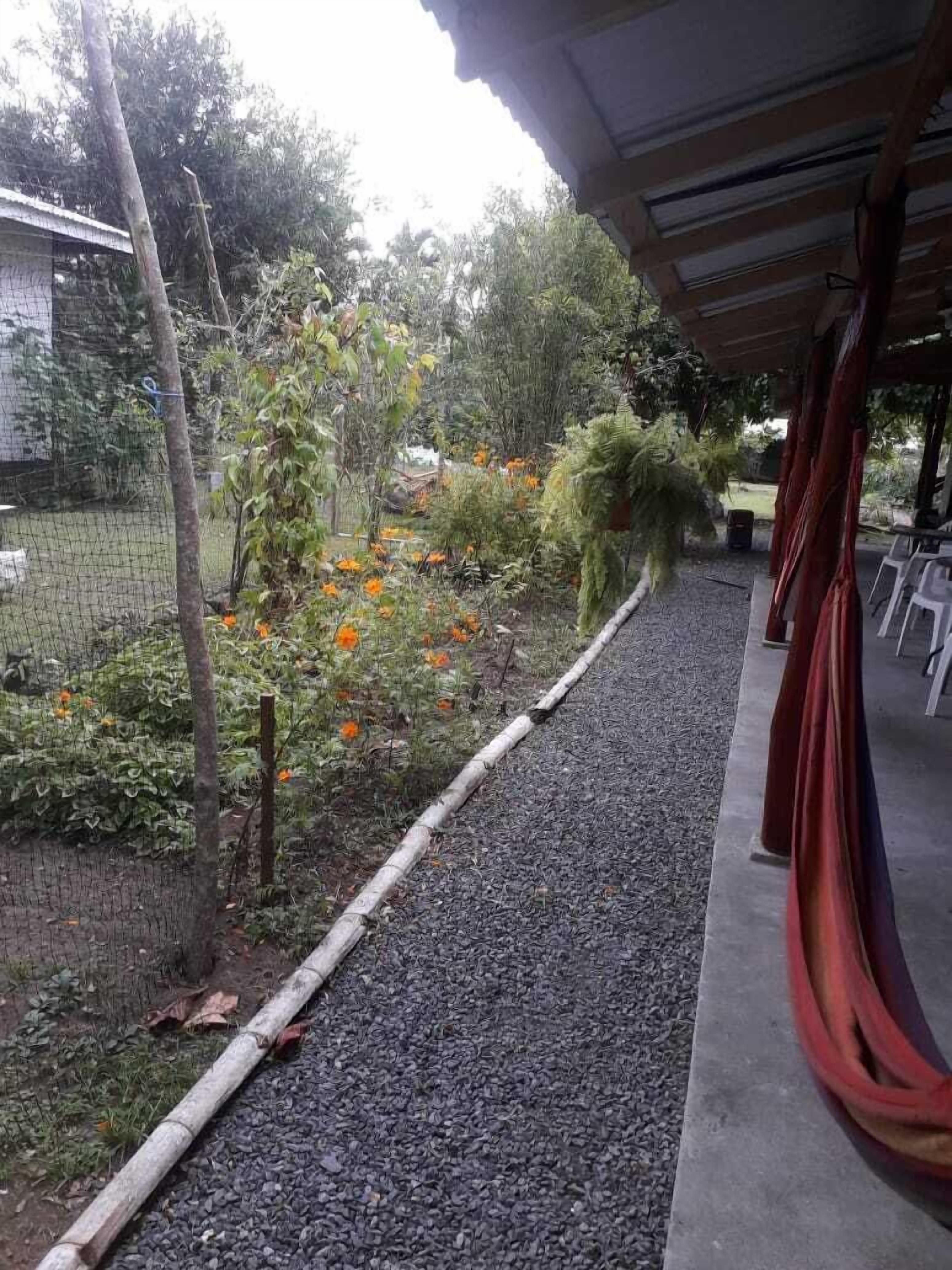 Un espace extérieur abrité, doté d’un chemin de gravier, entouré de verdure et d’une clôture.