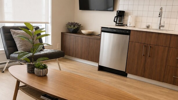 A modern kitchen with a flat-screen TV, a coffee maker, and a dishwasher. - One Bedroom Suite in Downtown Sidney (Sidney)