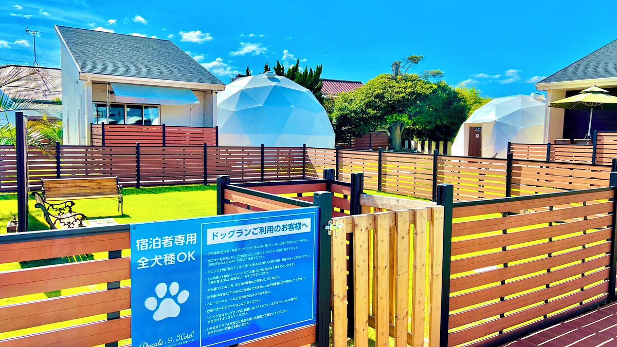 A modern building with a large glass facade, a wooden deck, and a fenced area with a sign indicating pet-friendly accommodation.