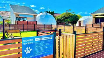 A modern building with a large glass facade, a wooden deck, and a fenced area with a sign indicating pet-friendly accommodation.