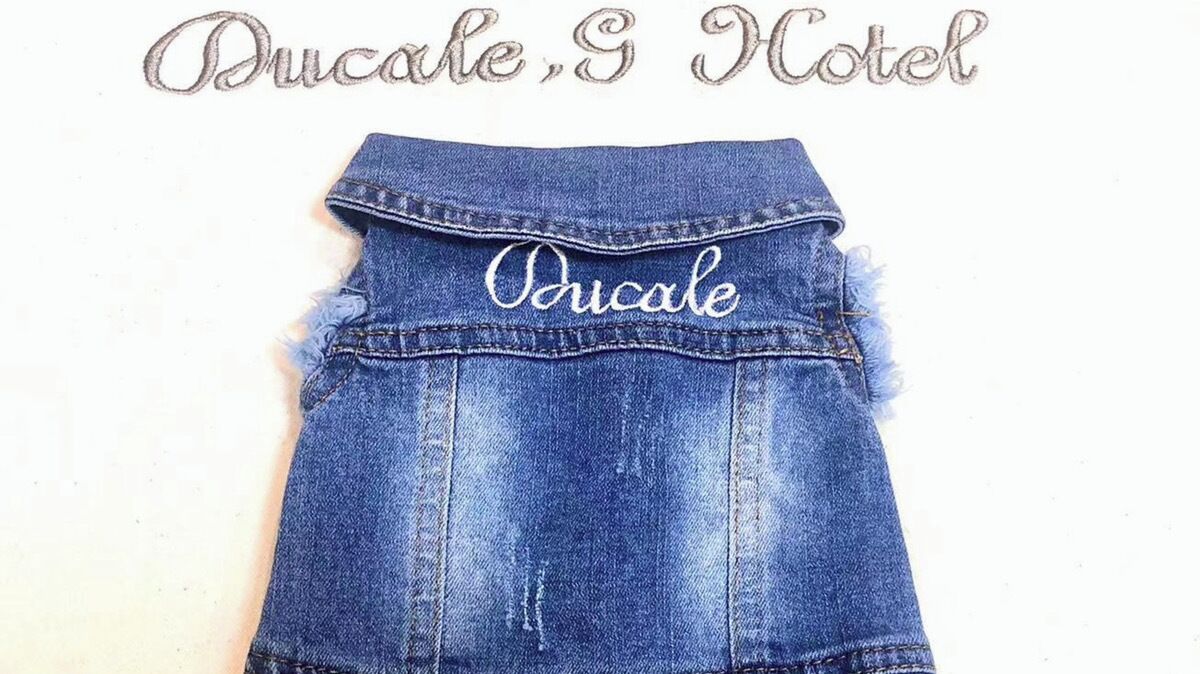 Una falda vaquera con la palabra 'Oucale' bordada.