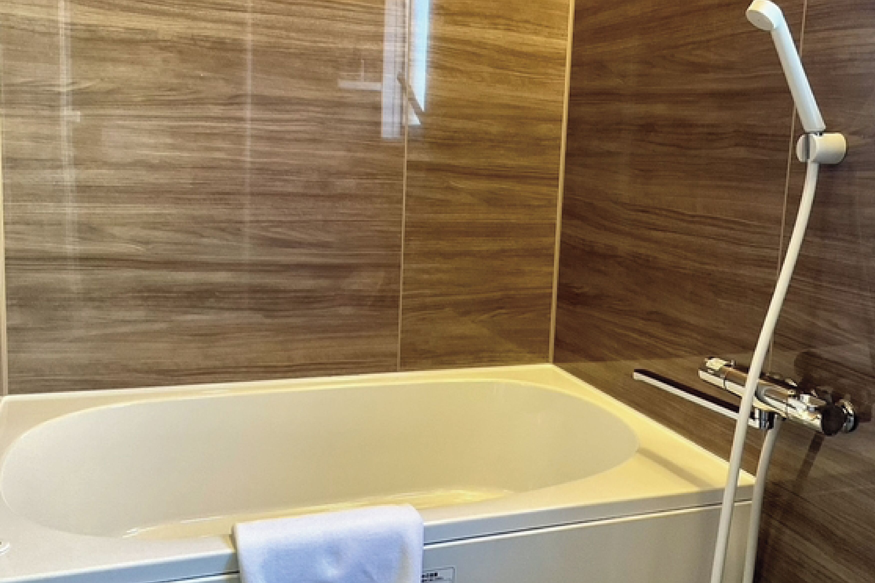 A modern bathroom with a bathtub, a shower, and a towel rack.