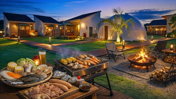 A backyard barbecue setup with a grill, fire pit, and outdoor seating area. - Ducale Garden Hotel 99 (Kujukuri)