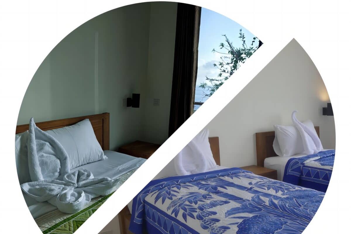Two hotel rooms with different bed linens and a window view.