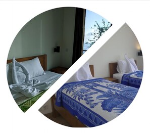 Dos habitaciones de hotel con diferentes ropa de cama y vista al ventanal.