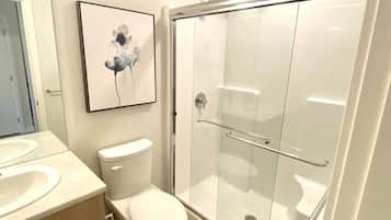 Hair dryer, towels, shampoo, toilet paper