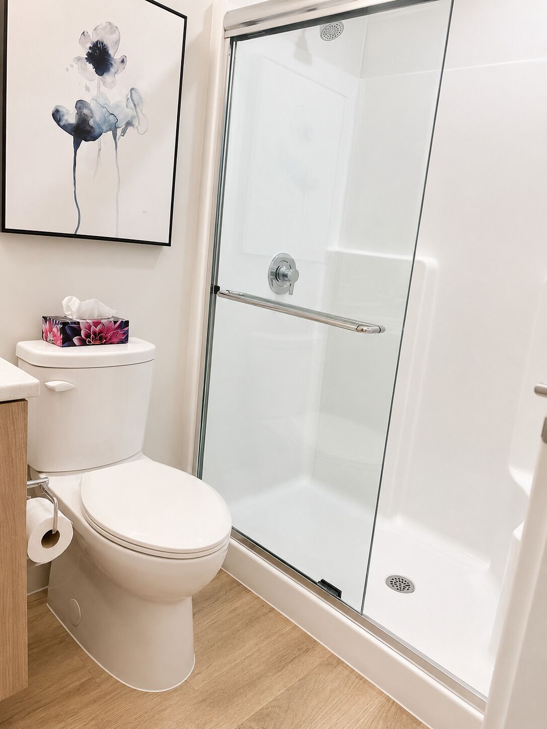 Shower, hair dryer, towels, shampoo
