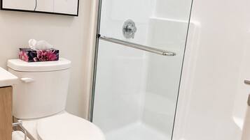 Shower, hair dryer, towels, shampoo