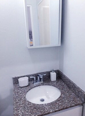 Chuveiro, secador de cabelo, toalhas de banho, papel higiênico