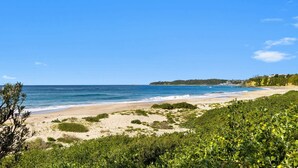 A beach with clear blue waters, sandy shore, and greenery in the foreground.