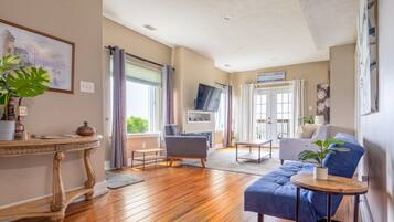 Smart TV, fireplace, books