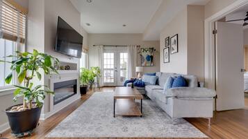 Smart TV, chimenea y libros