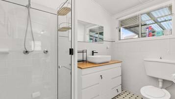 Shower, hair dryer, towels