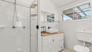 Shower, hair dryer, towels