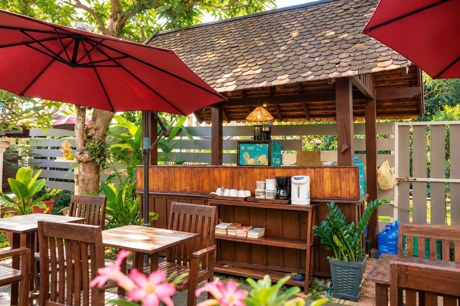 An outdoor café with wooden furniture, red umbrellas, and a coffee station.