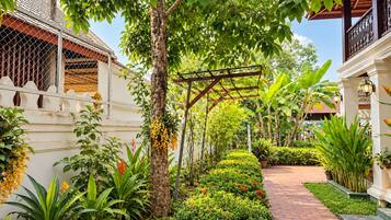 Um caminho de jardim com pérgola, diversas plantas e um edifício branco com cerca.