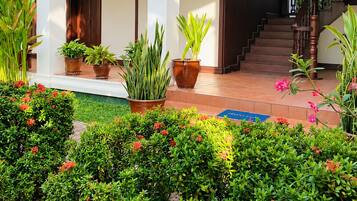 Entrada de un hotel con porche cubierto, plantas en macetas y una escalera que conduce al interior.