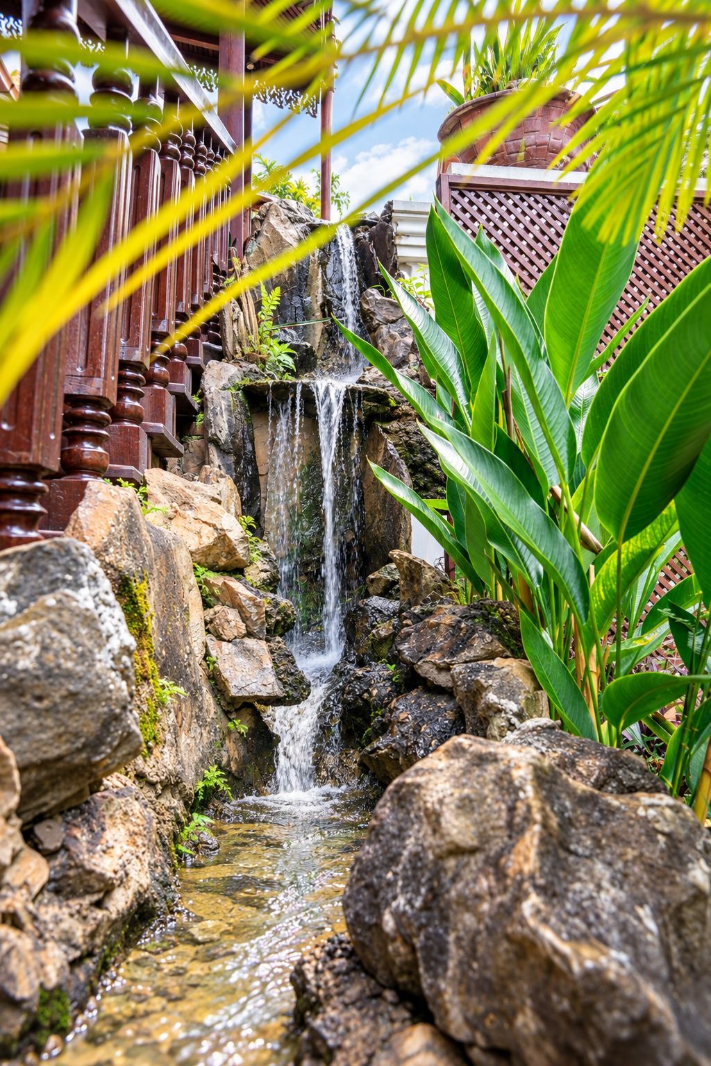 A waterfall cascading over rocks in a garden setting.