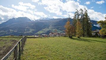 Un paysage rural avec une clôture en bois, un ciel dégagé et des montagnes à l’horizon.