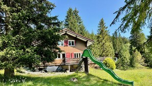 A house with a green slide in a grassy area.