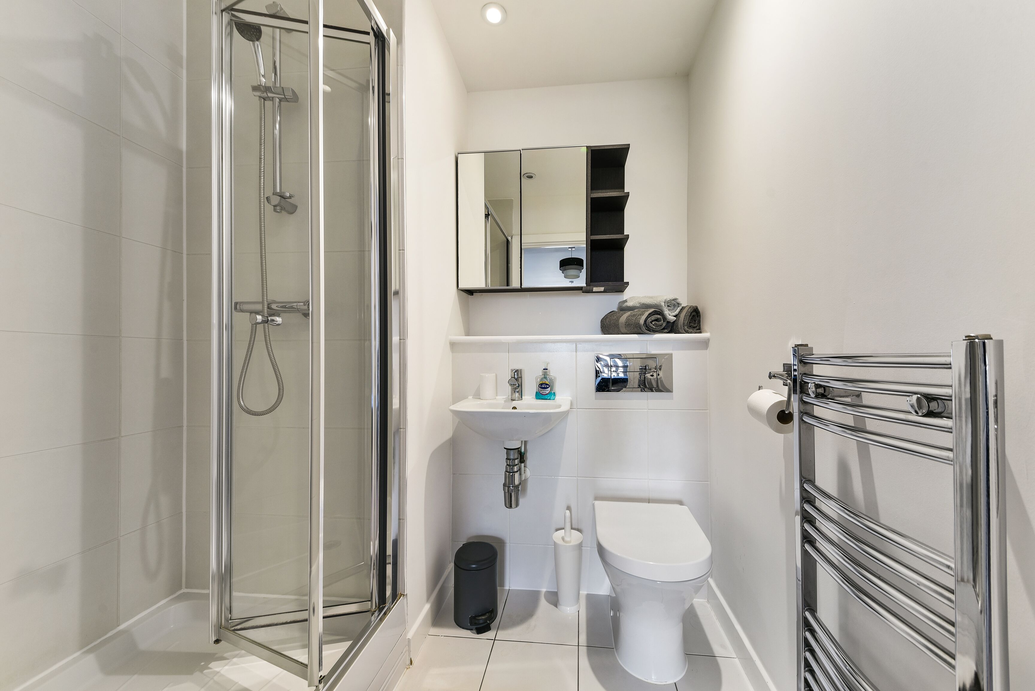 A modern bathroom with a glass shower enclosure, a white sink, a toilet, and a towel rack.