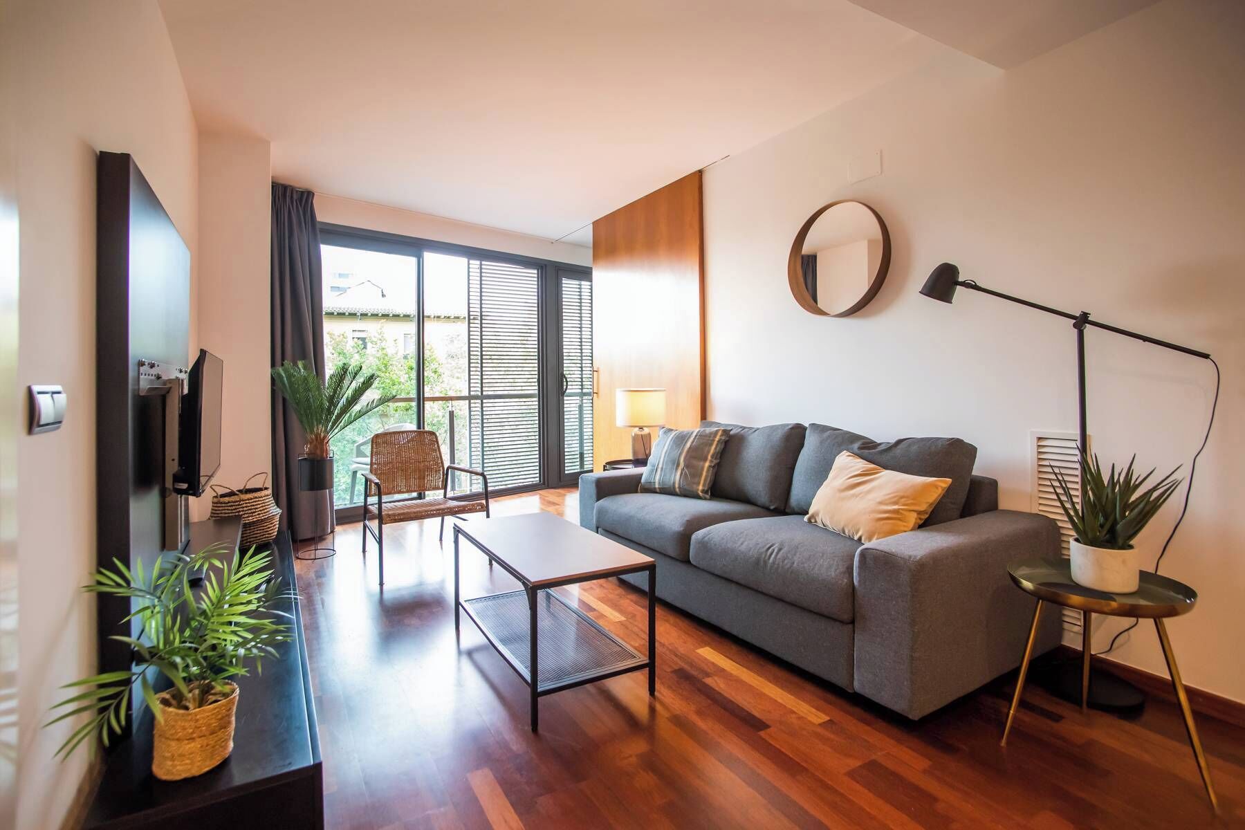 Een moderne woonkamer met een grijze bank, een salontafel en een aan de muur bevestigde televisie. Er staan potplanten en een lamp op een bijzettafeltje.