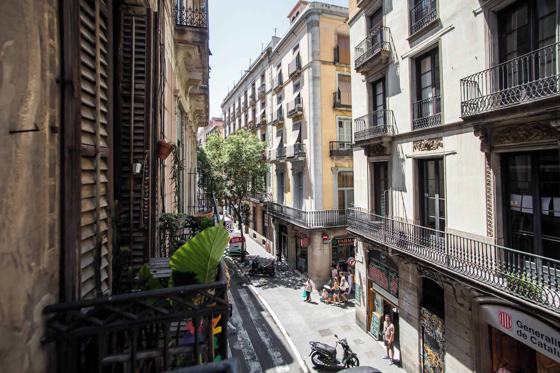 Una calle estrecha flanqueada por edificios, con balcones que tienen barandillas de metal y algo de vegetación.