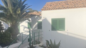 A white building with green shutters and a tiled roof, surrounded by potted plants and a palm tree.