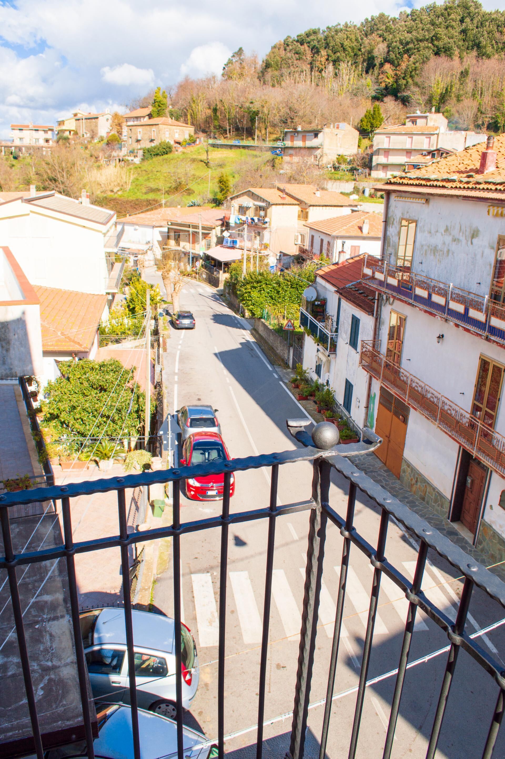 A residential street with houses, cars, and a pedestrian crossing.