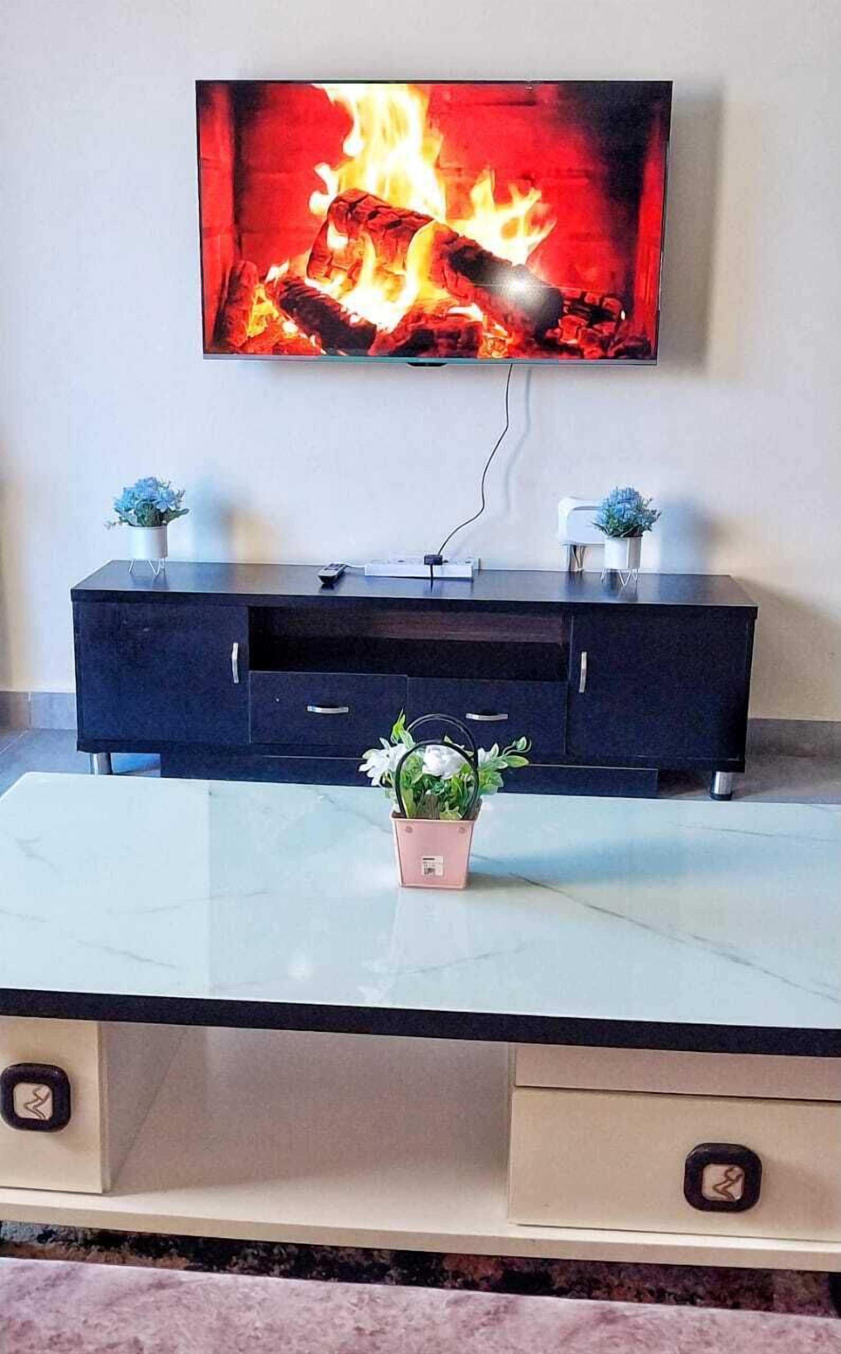 Una sala de estar moderna con un televisor de pantalla plana montado en la pared, un mueble de entretenimiento oscuro debajo y una pequeña planta en maceta sobre la mesa de centro.