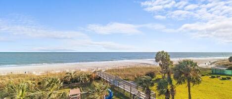 A beachfront property with a patio area, palm trees, and a view of the ocean.