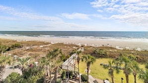 A beach view with a wooden boardwalk, palm trees, and a clear sky. - Majestic Oceanfront Ste 4th Flr Include Breakfast (Myrtle Beach)