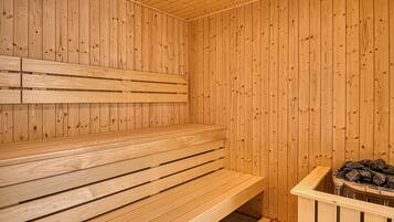 A wooden sauna with benches and a stone heater.