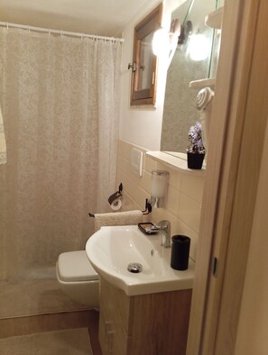Een douche, een haardroger, een bidet, handdoeken
