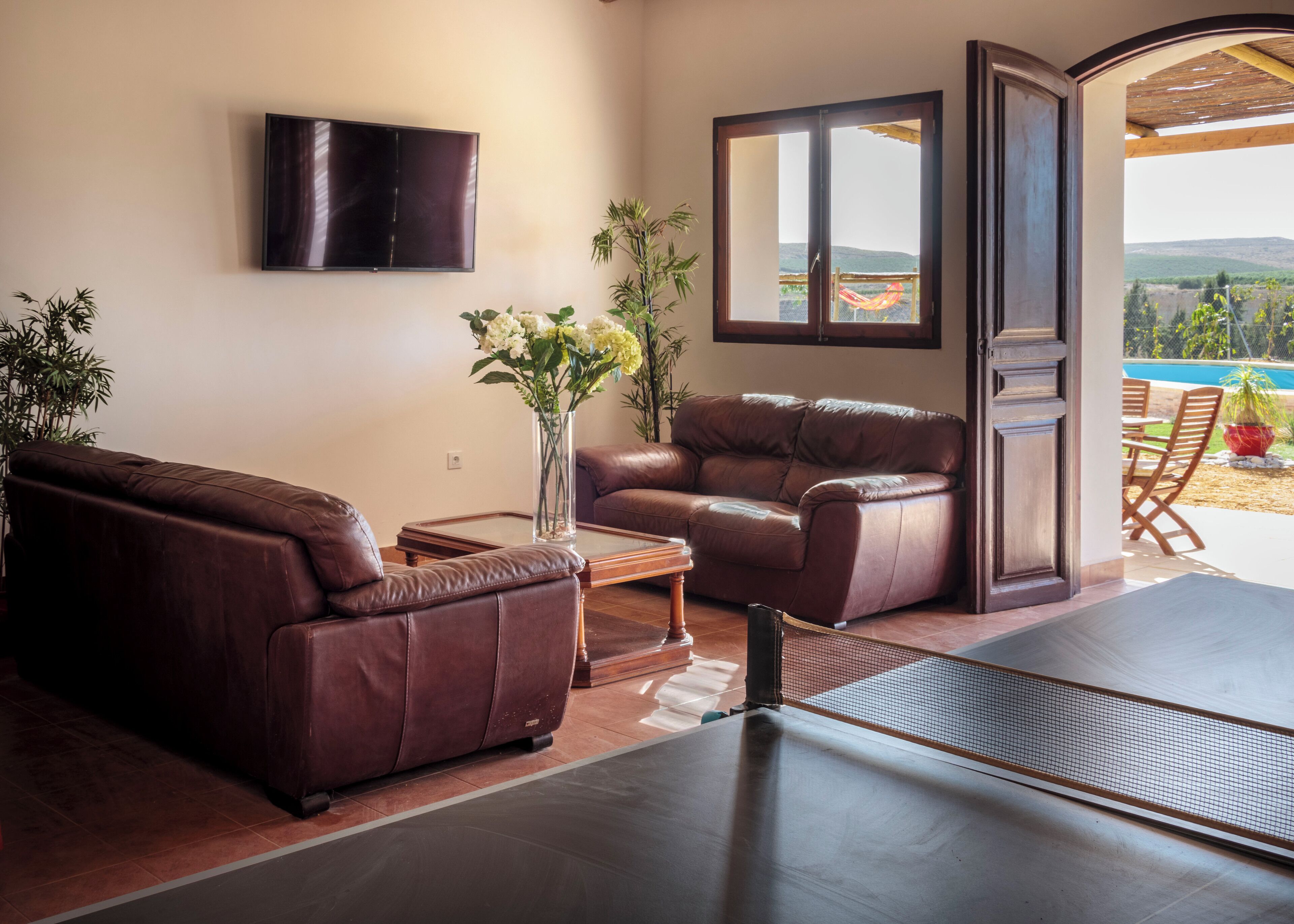 Una Smart TV, una mesa de tenis de mesa, libros