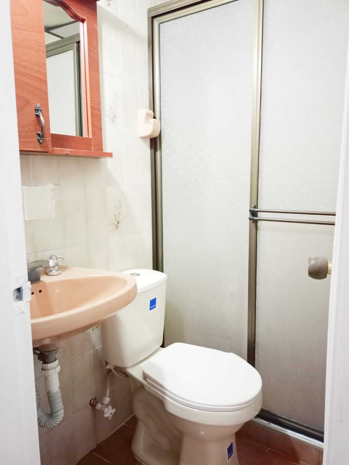 A compact bathroom with a sink, toilet, and a shower enclosure.