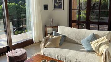 TV connectée, cheminée, livres, chaßne hi-fi