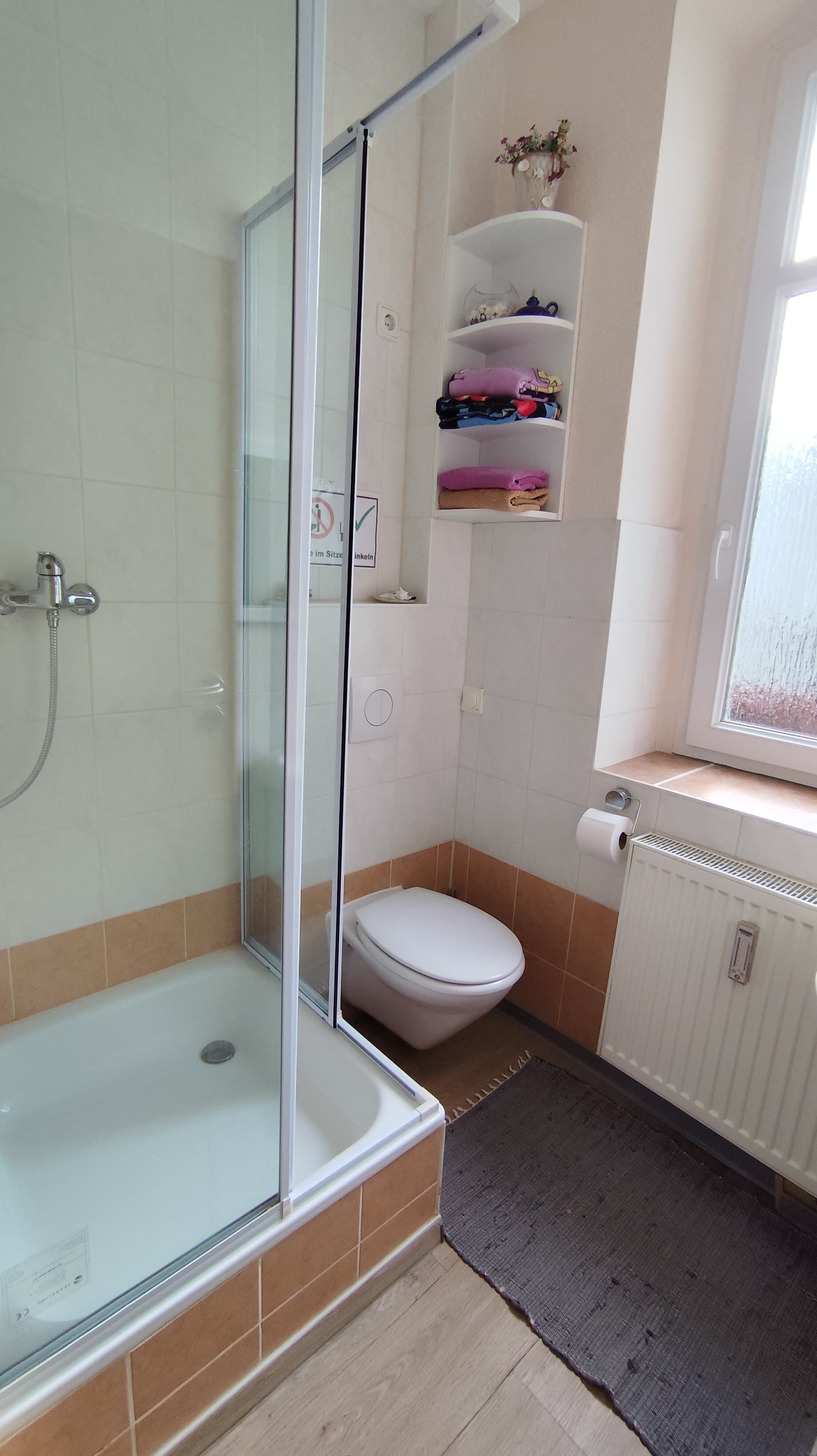 Ein Badezimmer mit einer Duschkabine, einer Toilette und einem Ablagebereich mit gefalteten Handtüchern.