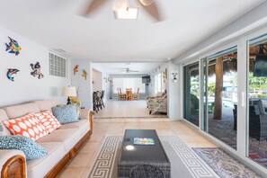 Smart TV, fireplace, books, stereo
