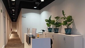 A modern office space with a long corridor, a reception desk, and potted plants. - MPods Málaga (Málaga)