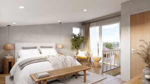 A modern bedroom with a large bed, bedside tables, a bench, and a view of the outdoors. - Hideaway Bay Resort (Silver Creek)