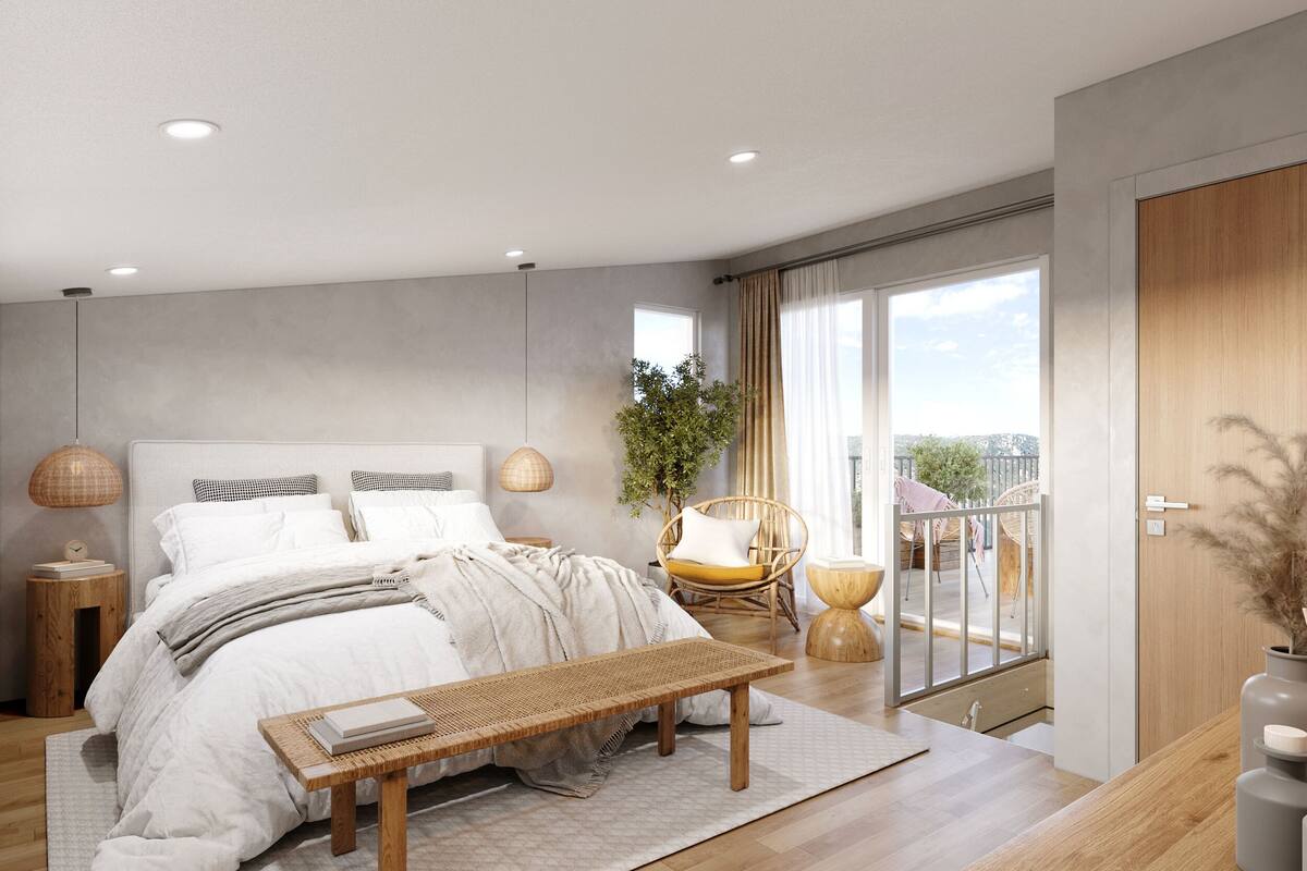 A modern bedroom with a large bed, bedside tables, a bench, and a view of the outdoors.